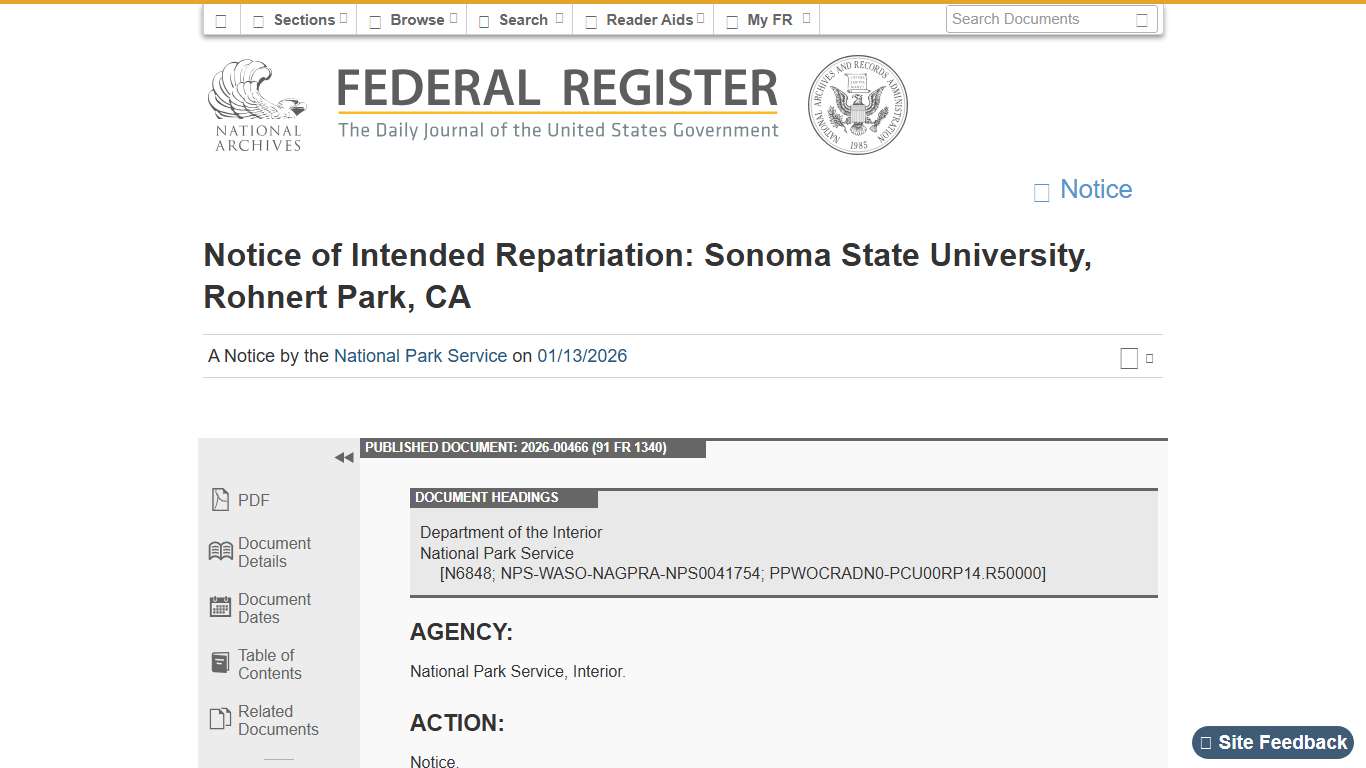 Federal Register :: Notice of Intended Repatriation: Sonoma State University, Rohnert Park, CA