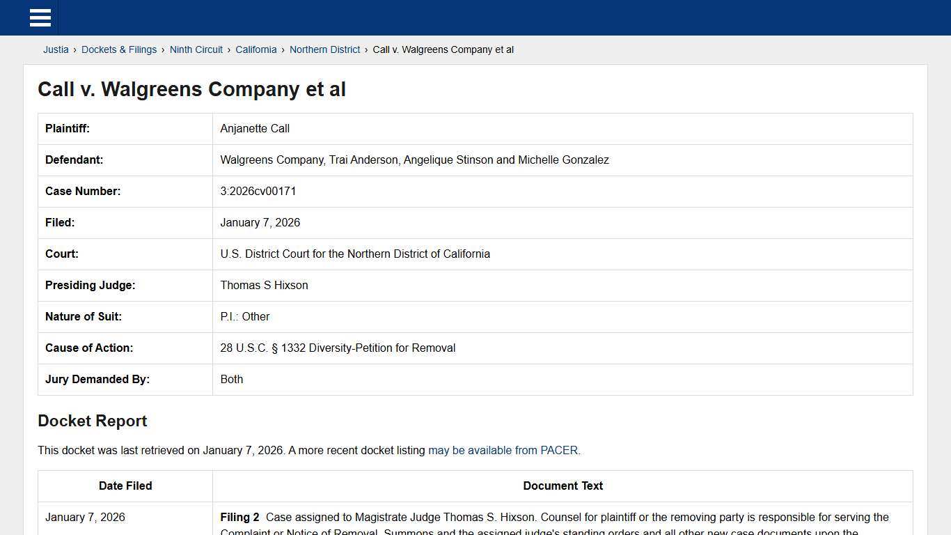 Call v. Walgreens Company et al 3:2026cv00171 U.S. District Court for the Northern District of California Justia